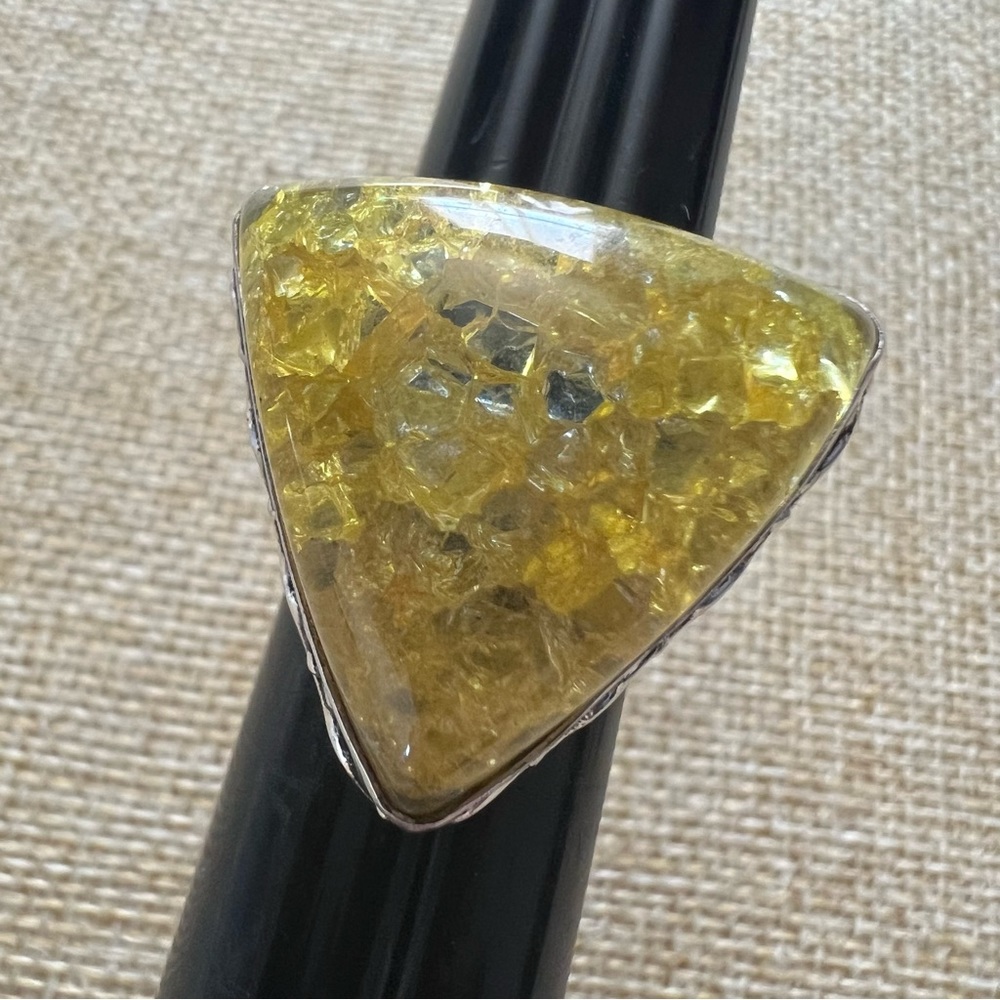 New Lemon Crackle Quartz Crystal Stone Silver Overlay Ring Size 6.75